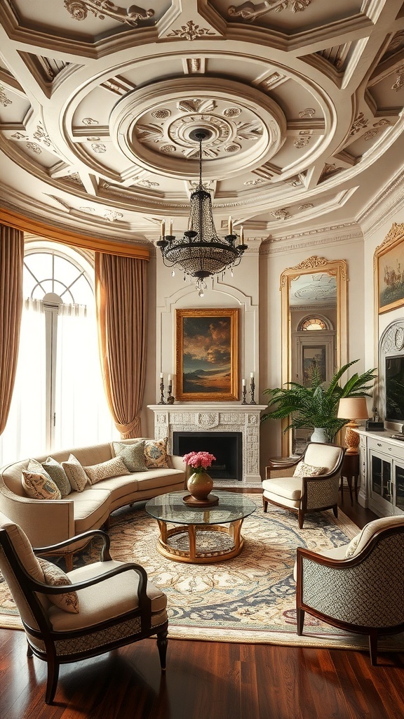 Art Deco living room with intricate ceiling design, chandelier, and elegant furniture.