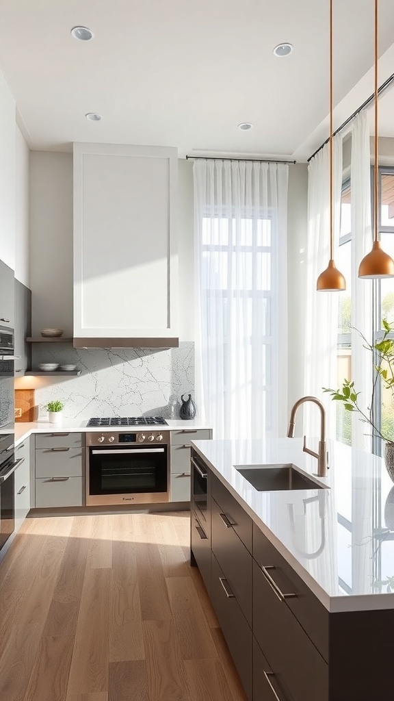 Modern kitchen with artistic marble backsplash and sleek cabinetry