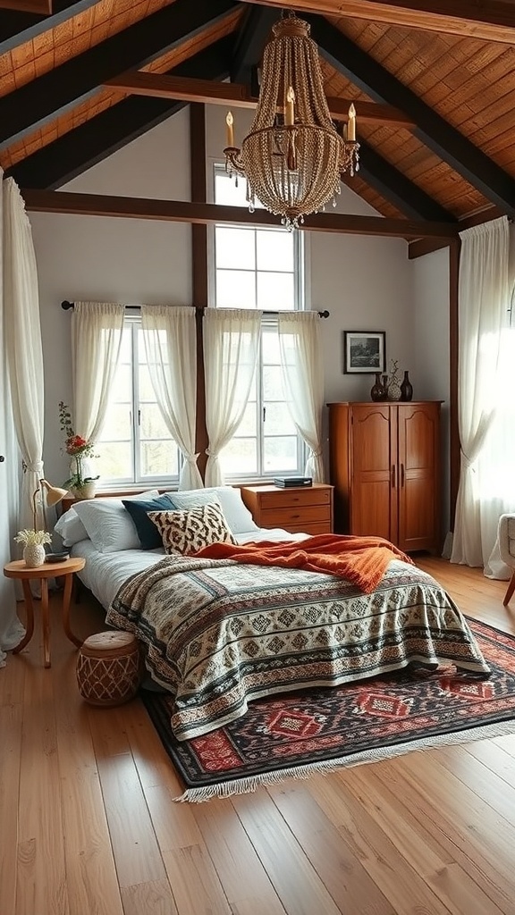 A cozy bohemian-style bedroom with wooden beams, a chandelier, and a patterned blanket on the bed.