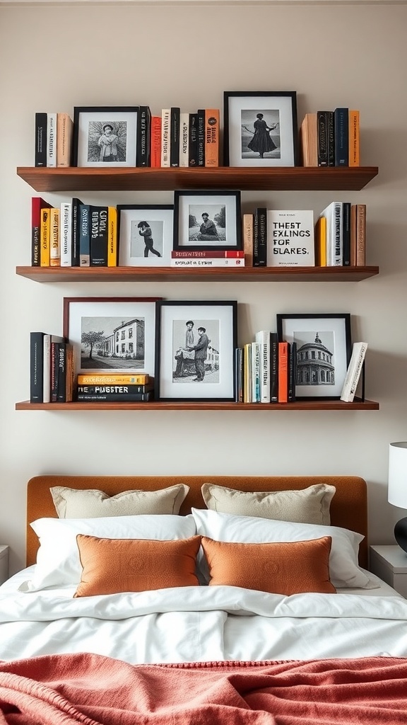 Stylish wall-mounted bookshelves above a bed displaying books and framed photos.