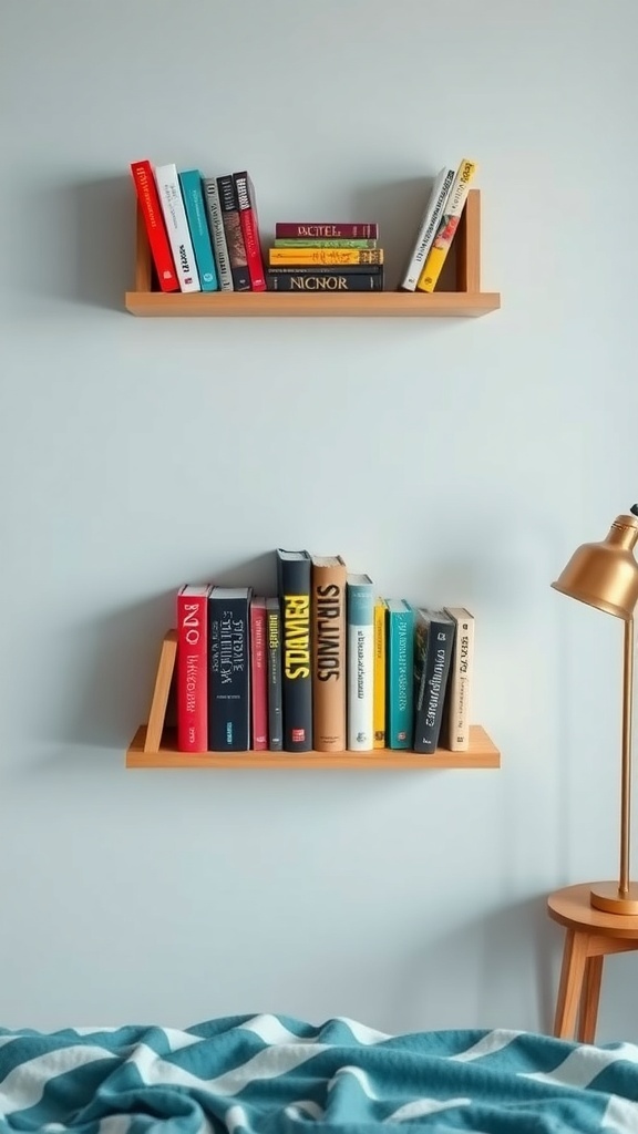 A cozy bedroom with two small wooden wall bookshelves displaying colorful books, accompanied by a lamp and a striped blanket.