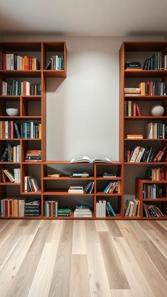 A modern wooden bookshelf with a geometric design, showcasing a variety of books and decorative items.