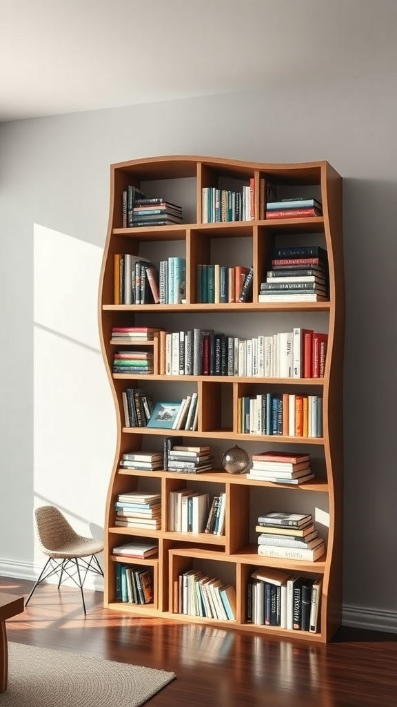 A unique wavy bookshelf made of wood, filled with books and decorative items, against a neutral wall.