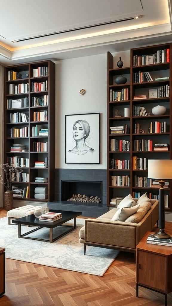 A stylish living room featuring artistic bookshelf sculptures with a modern design, warm wood tones, and a piece of artwork above the fireplace.