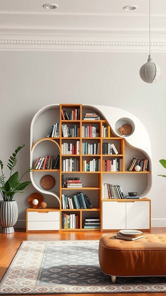 A unique bookshelf design featuring flowing curves and geometric sections, combining wood and white finishes.