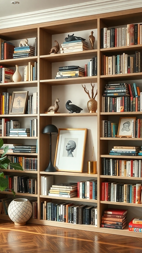 A wooden bookshelf filled with books and decorative sculptural elements, including figurines and a lamp.