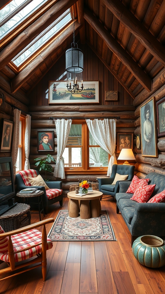 Cozy cabin interior with wooden beams, paintings on the walls, and comfortable furniture.