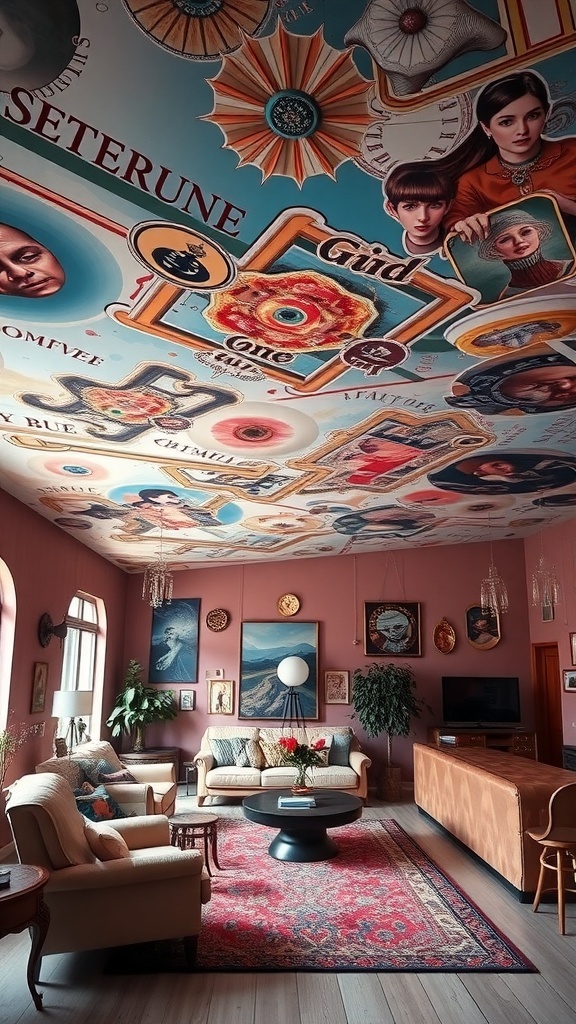A vibrant and artistic ceiling design featuring colorful illustrations and playful motifs.