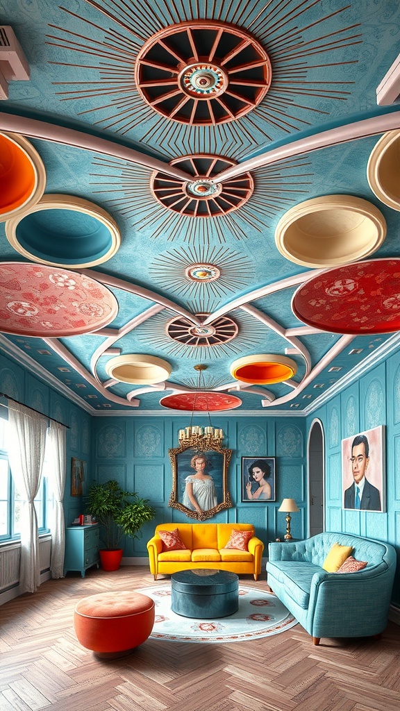 A vibrant room featuring an artistic ceiling design with colorful circular elements and intricate patterns.