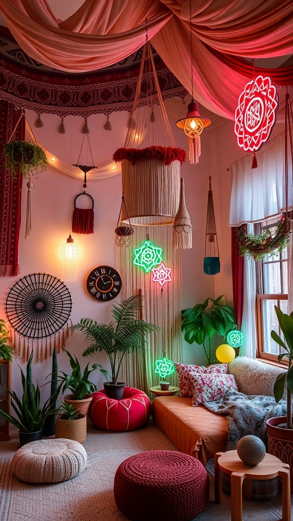 A cozy room with artistic ceiling hangings, featuring colorful fabrics, neon lights, and plants.