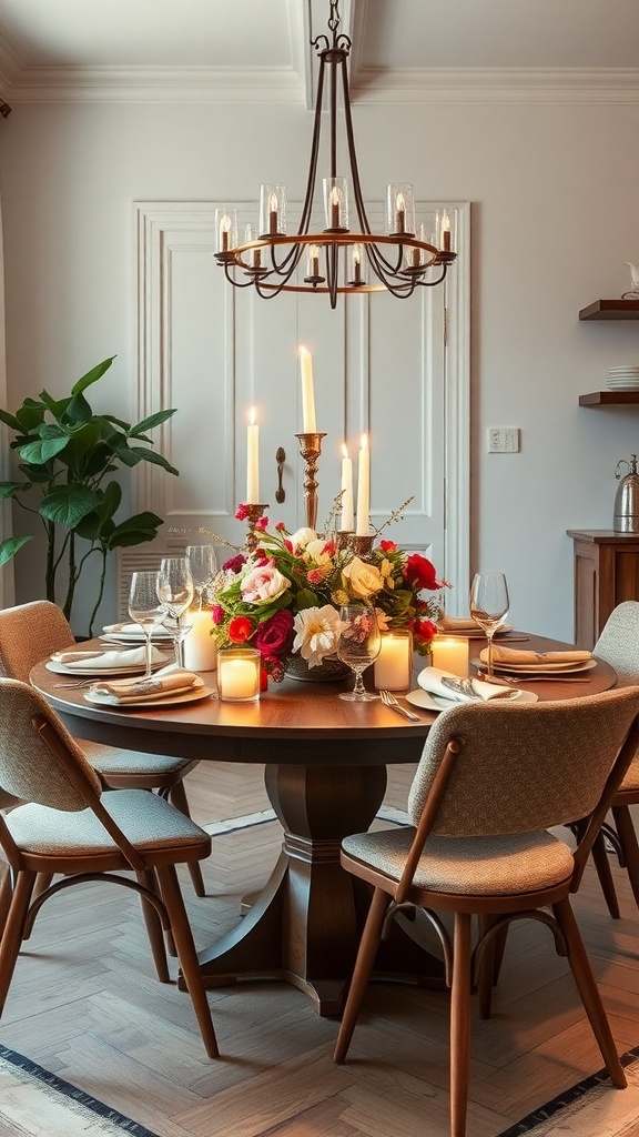 A cozy dining table with a floral centerpiece and candles.