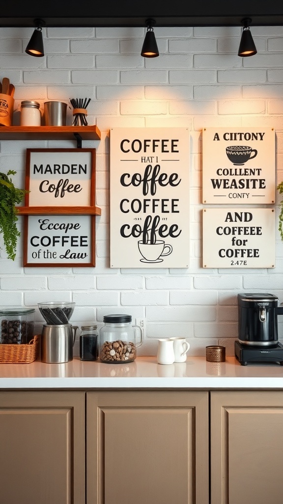 A collection of coffee-themed wall art signs on a white brick wall, featuring playful phrases and designs.