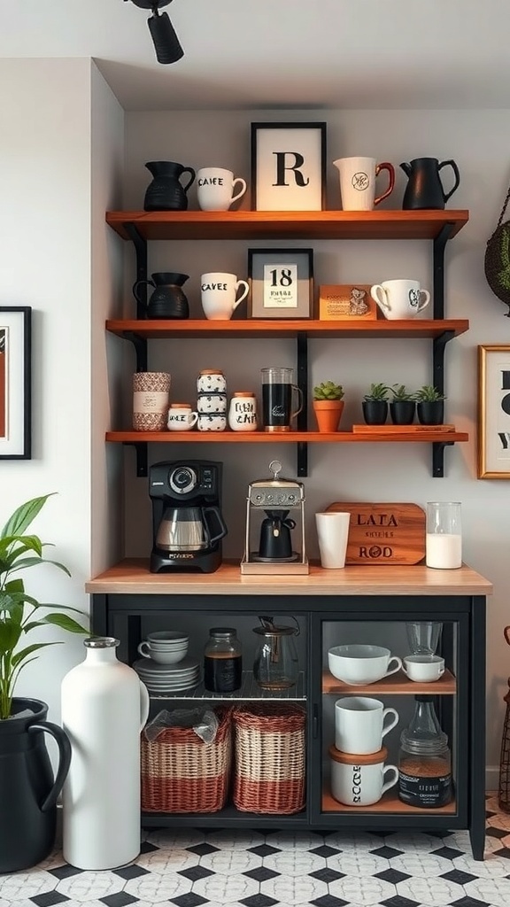 Stylish coffee bar with shelves displaying mugs and coffee accessories, featuring a coffee maker and decorative items.