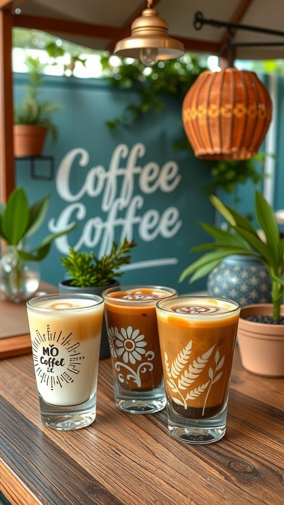 Three coffee drinks with artistic stencils on top, set against a cozy coffee bar backdrop.
