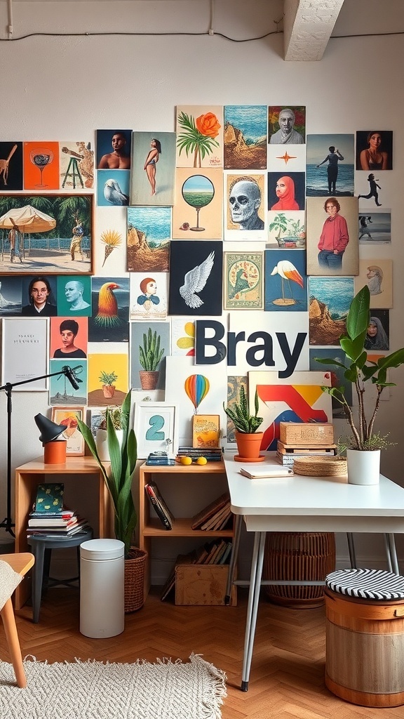 A colorful collage of various art pieces on a wall, showcasing different styles and themes.