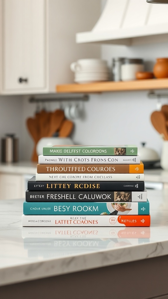 A stack of colorful cookbooks on a kitchen countertop.