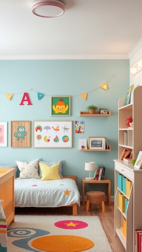 A colorful kids bedroom featuring blue walls, playful artwork, a cozy bed, and a vibrant rug.