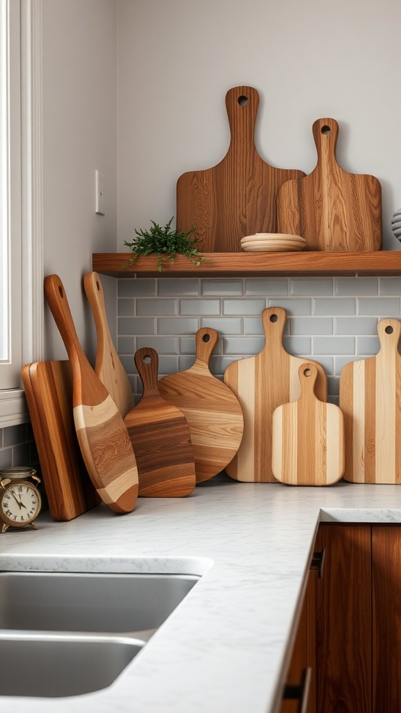A collection of wooden cutting boards arranged artistically on a kitchen countertop.