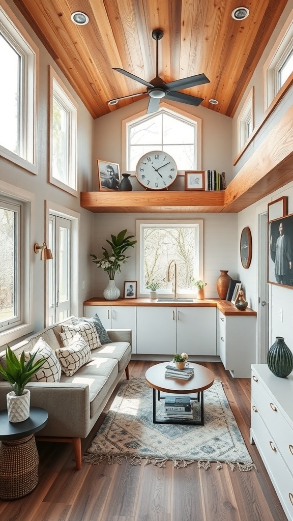 Ein stilvolles Tiny House mit Holzdecke, großen Fenstern und gemütlicher Einrichtung.