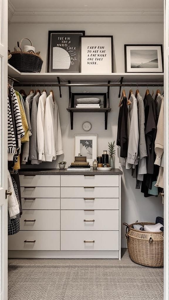 A cozy walk-in closet featuring wooden shelves, framed artwork, a chair, and decorative baskets.