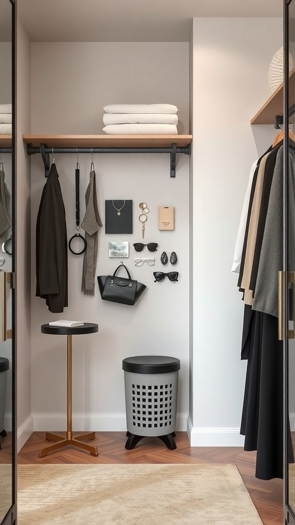 Minimalist walk-in closet showcasing an artistic display of accessories.
