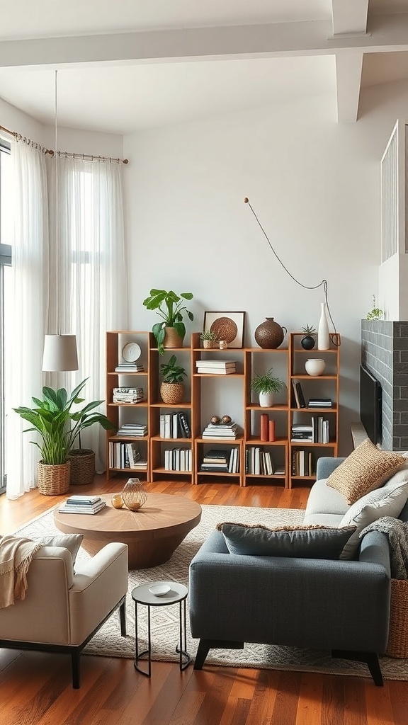 Cozy living room with artistic displays and wooden shelving filled with plants and decor items.