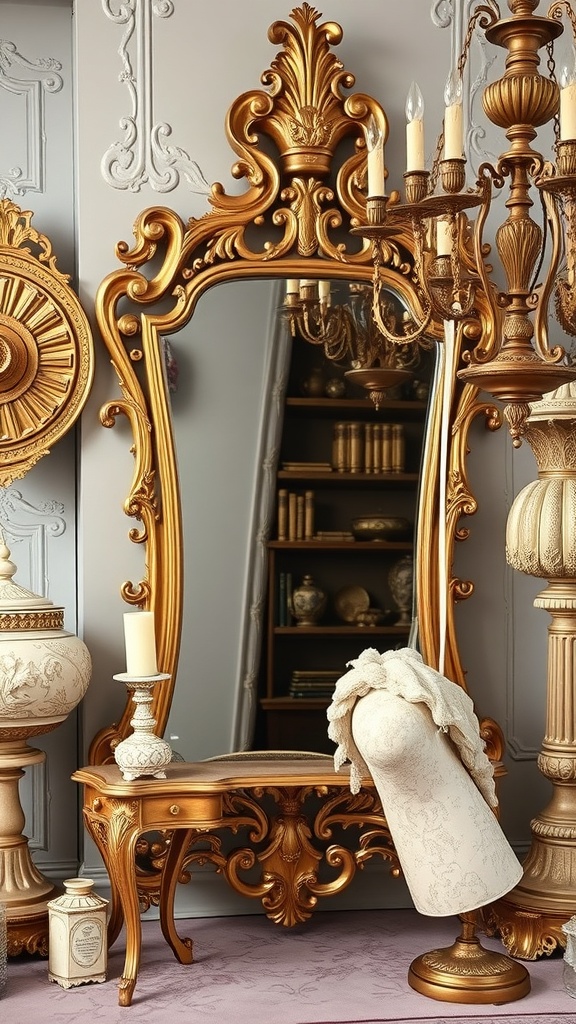 A beautifully ornate vintage Rococo interior featuring gold mirrors and elegant decor.
