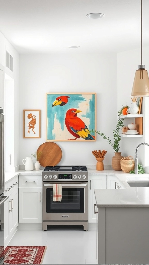 A bright and colorful kitchen featuring bird artwork and stylish decor.
