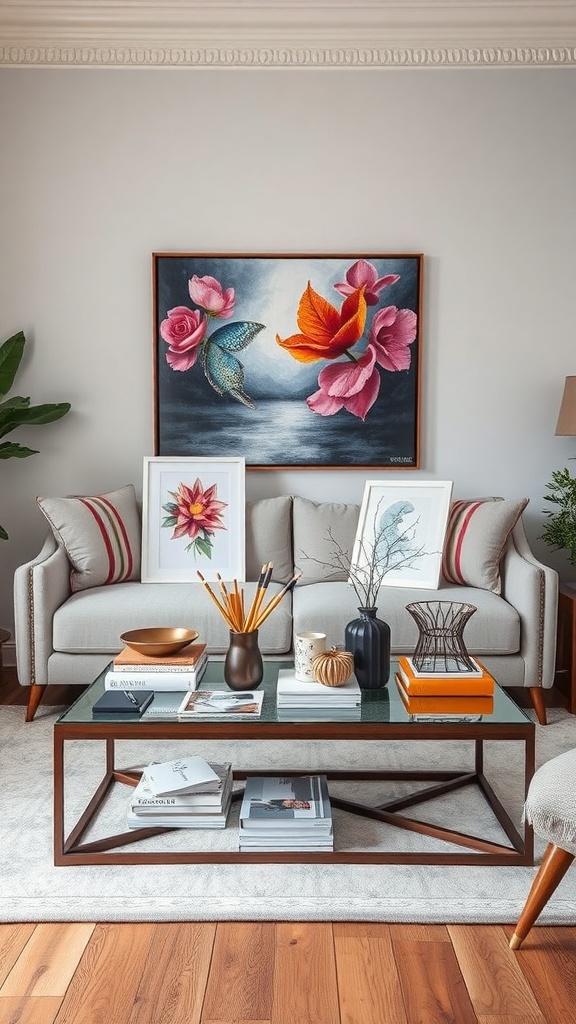 A stylish living room with a coffee table arrangement featuring custom artwork, books, and decorative items.