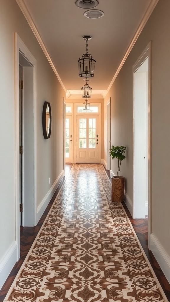 A hallway featuring artistic floor tiles with intricate patterns and warm colors, illuminated by hanging lanterns.