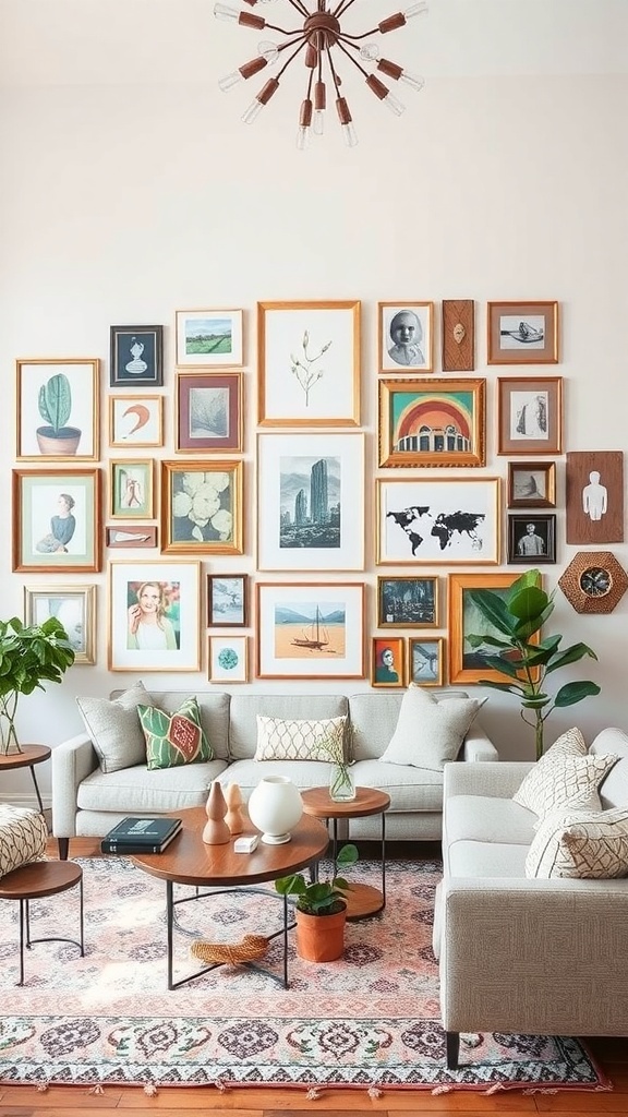 A cozy living room featuring a gallery wall filled with various framed artworks, complemented by stylish furniture and plants.