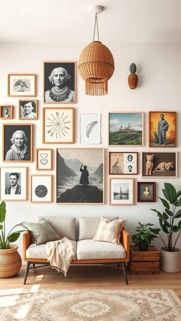 A cozy living room with a gallery wall featuring various framed artworks and photographs, complemented by plants and a stylish couch.