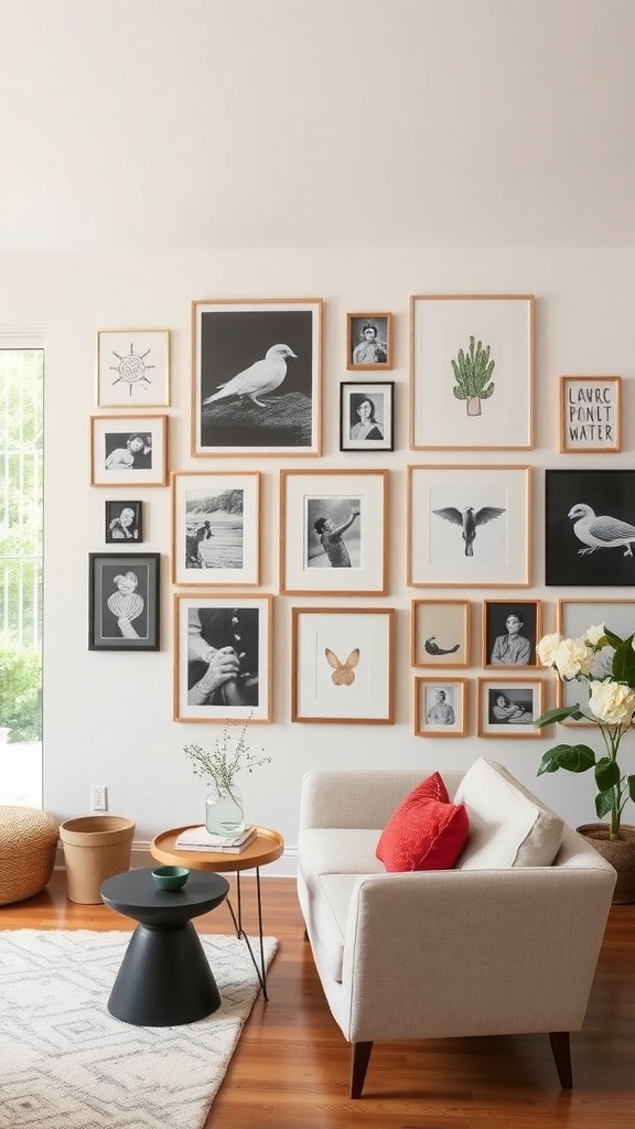 A cozy living room with a gallery wall featuring various framed artworks and photographs.