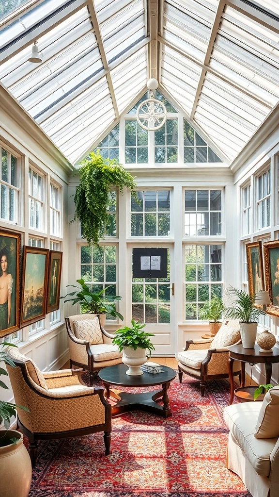 A bright conservatory with large windows, comfortable seating, and artwork on the walls.
