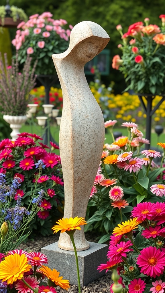 A graceful sculpture surrounded by colorful flowers in a garden.
