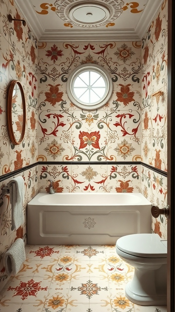 A bathroom with artistic hand-painted tiles featuring floral designs in vibrant colors.