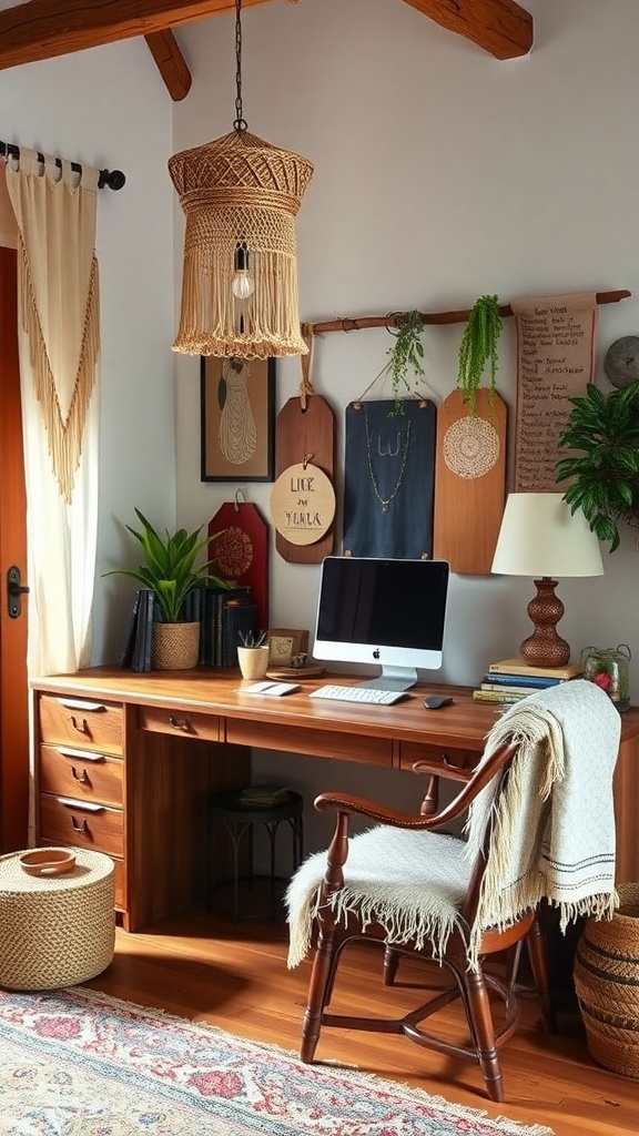 A rustic home office featuring a wooden desk, plants, and wall art.