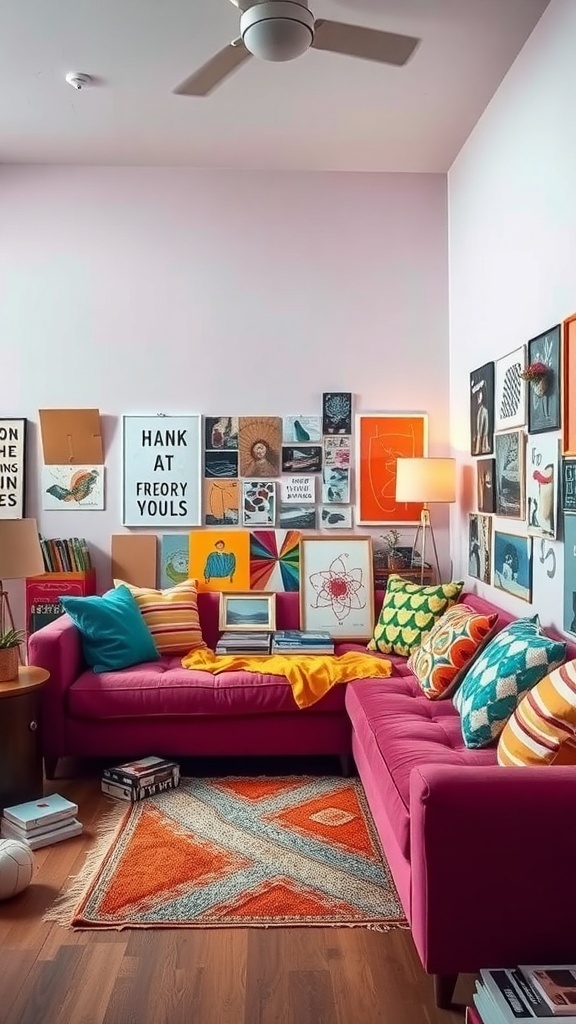 A colorful sunken sofa setup with vibrant cushions and a gallery wall of art.