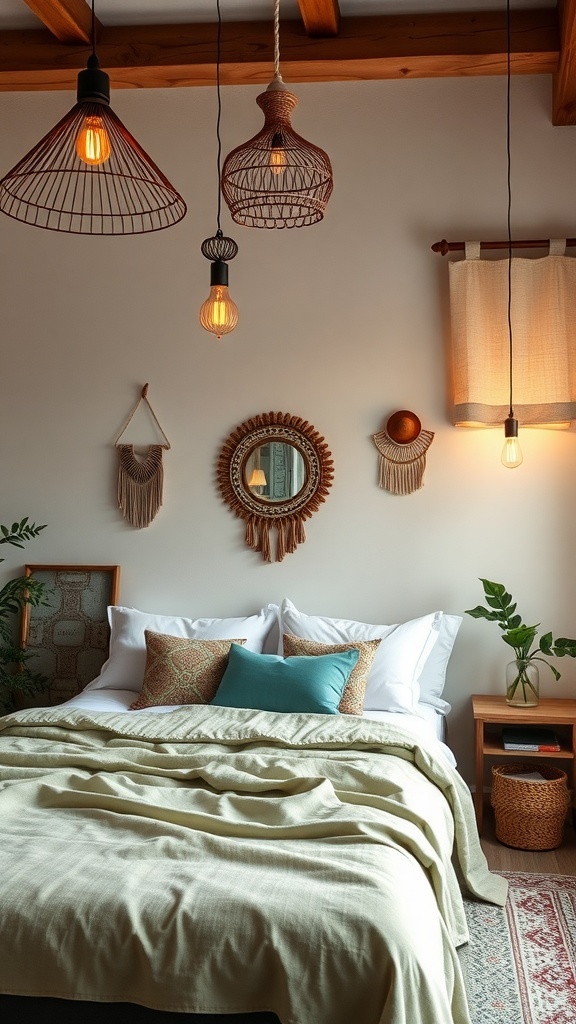 A cozy Boho-style bedroom featuring artistic hanging lighting fixtures, sage green bedding, and decorative wall elements.