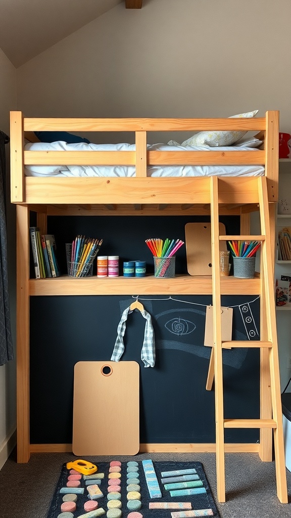A wooden loft bed with a chalkboard wall underneath, featuring colorful art supplies and a cozy play area.
