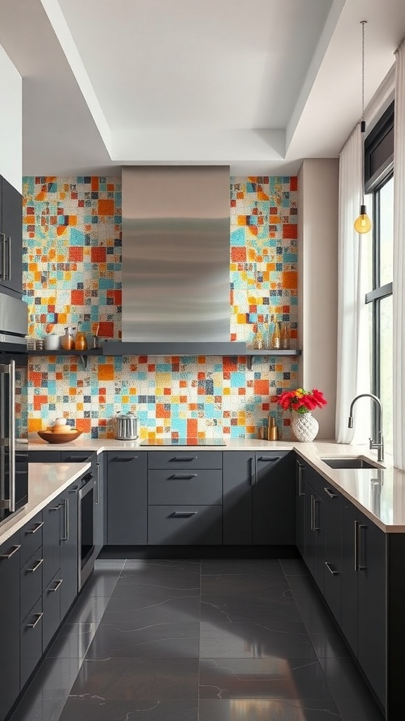 A modern kitchen featuring a colorful mosaic backsplash with orange and blue tiles, dark cabinets, and stainless steel appliances.