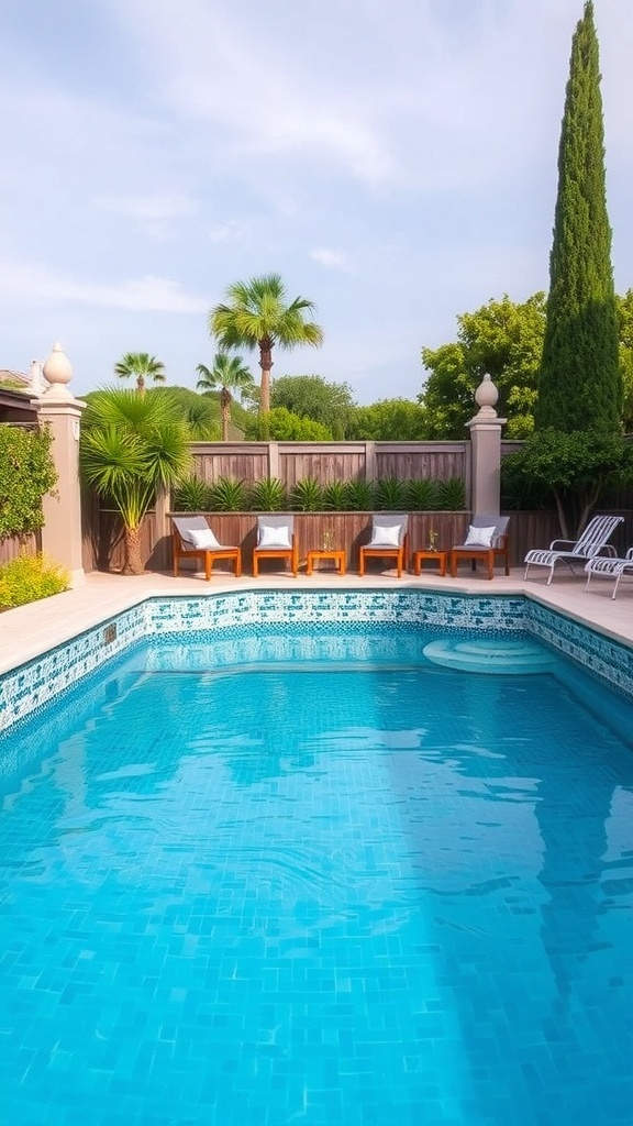 A sunken above-ground pool with artistic mosaic tile accents and comfortable seating around it.
