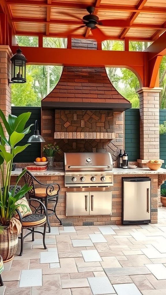 Outdoor grill space with artistic mosaic tiles and modern grill setup