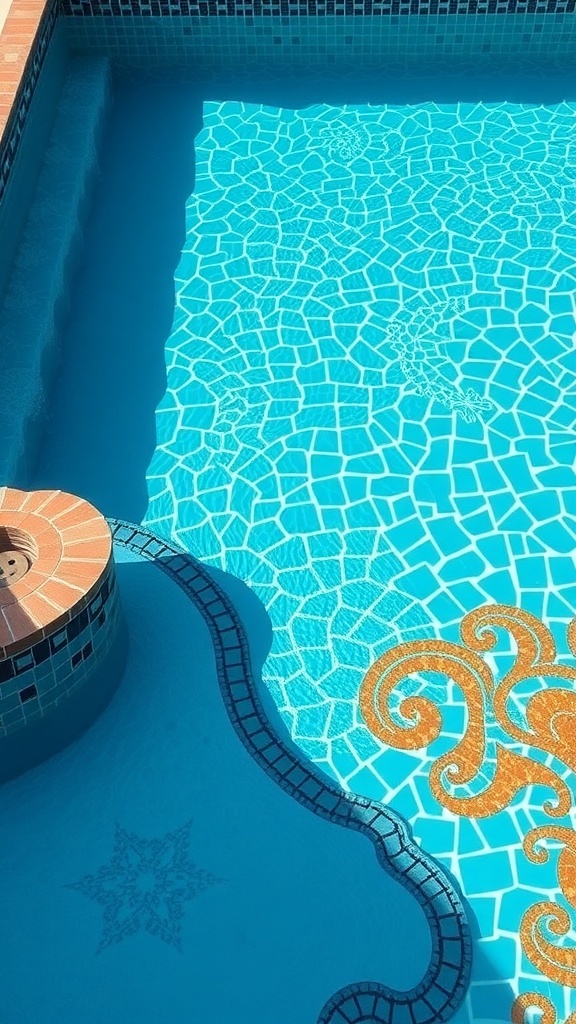 A beautiful swimming pool with artistic mosaic tile design featuring blue tiles and intricate patterns, surrounded by palm trees and elegant structures.