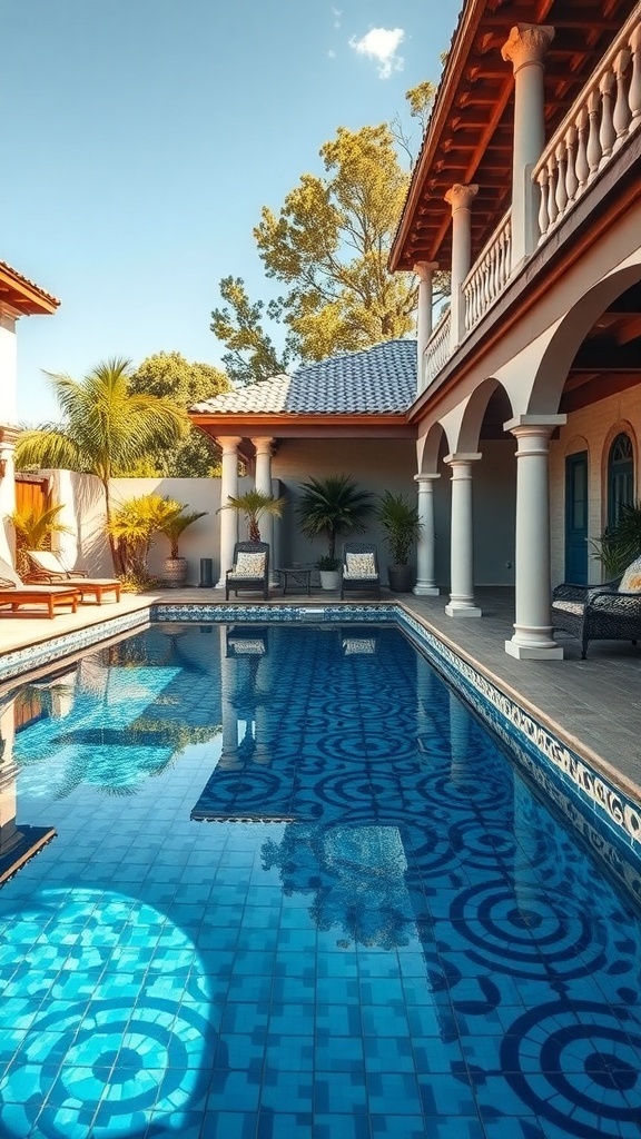 Artistic mosaic tiled swimming pool with circular patterns and surrounding greenery
