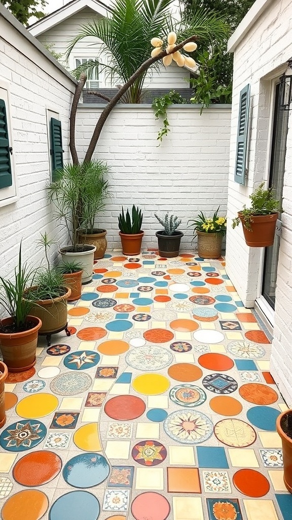 A vibrant mosaic tile patio featuring colorful circular tiles surrounded by potted plants.