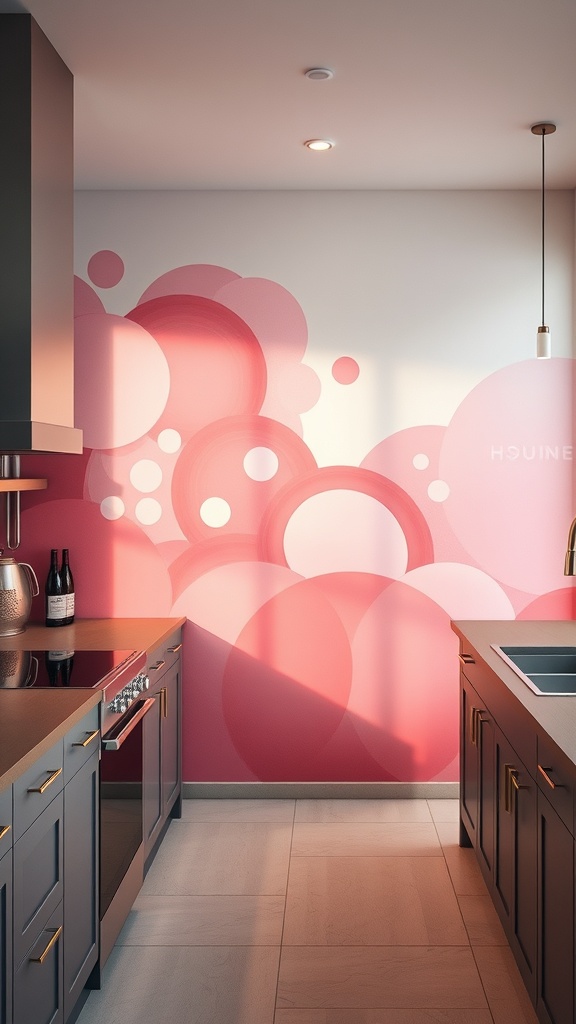 Modern kitchen with artistic pink mural featuring circular designs.