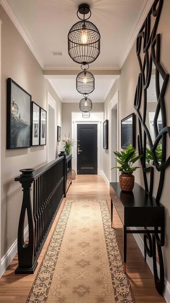 A modern hallway featuring a black bannister, wooden staircase, and stylish decor.