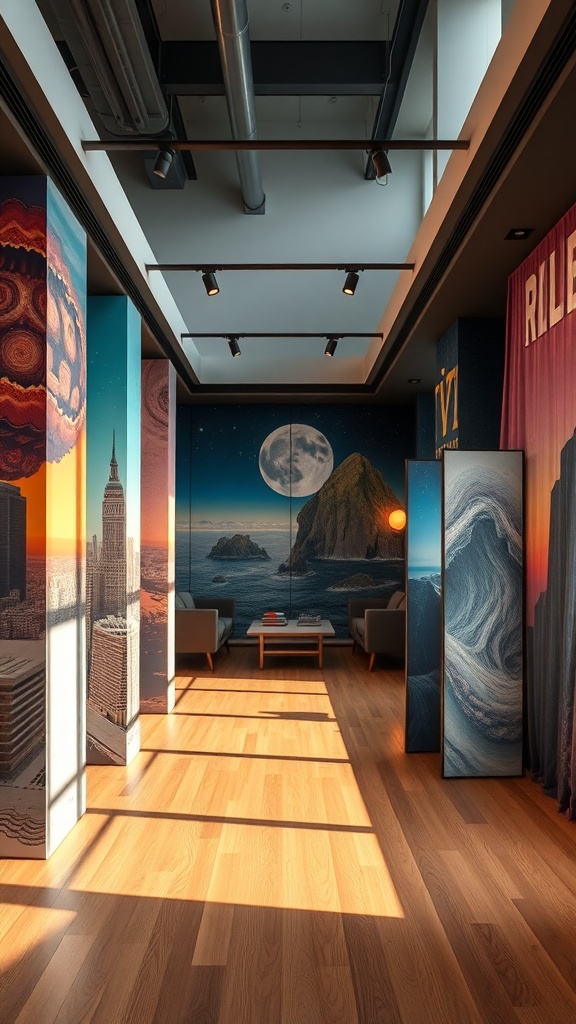 A modern interior with artistic room dividers featuring vibrant murals and a cozy seating area.