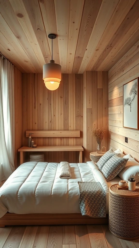 A cozy bedroom with wooden walls and ceiling, featuring a stylish pendant light and decorative pillows.